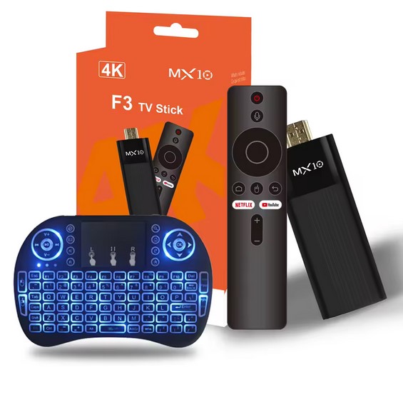 MX10-F3 4K Android 11 TV Stick with its remote control on a white background
